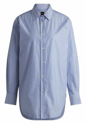 Blue and white striped button-up shirt with a collar, long sleeves, and a rounded hem. Made of smooth fabric with a subtle sheen.