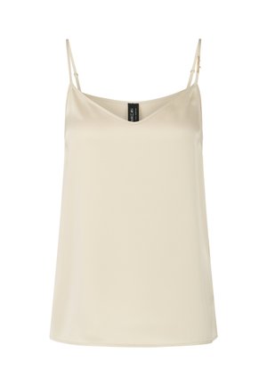 Cream satin camisole with thin adjustable straps, V-neckline, and a smooth, lightweight texture, suitable for layering or solo wear.