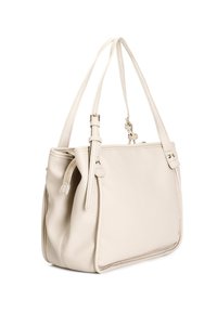 Borsa a tracolla in pelle beige con finitura texturizzata, doppi manici, tasca con zip e dettagli metallici color oro.