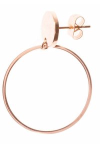 Różowe złote kolczyki w kształcie kółek z okrągłym wkrętem i zwisającym okrągłym kółkiem, o gładkiej, polerowanej powierzchni i minimalistycznym wzornictwie.