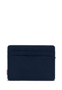 Navy blue cardholder made of textured fabric, featuring multiple card slots and a small red and white striped accent on the side.