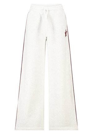Witte wijde sweatpants met bordeauxrode zijstrepen en een klein bordeauxrood silhouetlogo op het bovenste dijbeen, elastische tailleband met trekkoord.