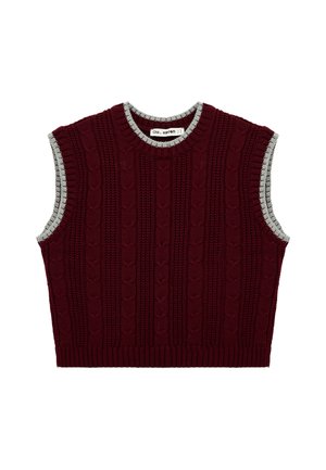 Bordeauxfarbener ärmelloser Strickpullover mit strukturiertem Kabelmuster und silberfarbenen Akzenten am Ausschnitt und den Armlöchern.