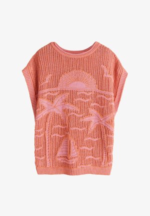 Strickpullover in pastellorange mit Palmen- und Sonnenmotiven, geripptem Halsausschnitt und Saum, leichter Textur und oversized Passform.