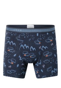 Men's boxer shorts in a navy fabric, featuring a bear and mountain pattern in light blue and orange. Elastic waistband with brand logo.