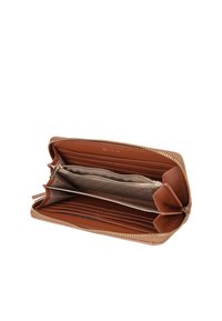Brown leather wallet with a zip closure. Interior features multiple card slots and compartments, including a zippered section for coins.
