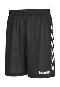 Pantaloni sportivi neri realizzati in materiale leggero con un elastico in vita, caratterizzati da accenti a forma di V bianchi sui lati e un logo.