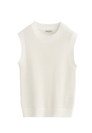 Gilet sans manches en tricot blanc avec col rond côtelé, emmanchures et ourlet, étiqueté "FRILIVIN" à l'intérieur du col.