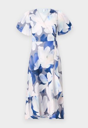 Floral wrap dress in shades of blue, light pink, and gray. Features flutter sleeves and a flowing skirt with a side panel detail.