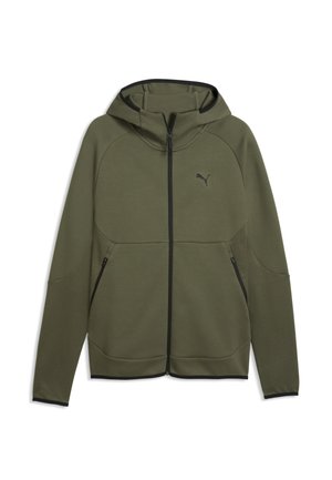 Grøn hættejakke med fuld lynlås med sort kant, lynlåslommer i siden, teksturerede ærmer og Puma-logo på brystet.