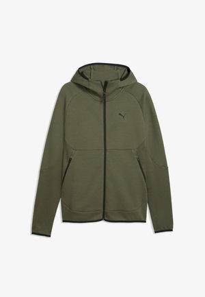Veste à capuche verte zippée intégrale avec bordure noire, poches latérales zippées, manches texturées et logo Puma sur la poitrine.