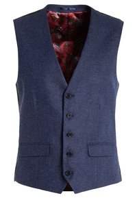Navy Wolle Weste mit tiefem V-Ausschnitt, fünf aufgenähten Knöpfen vorne, zwei seitlichen Taschen und einem gemusterten burgunderfarbenen Innenfutter. Glatte Textur mit einheitlicher Farbe.