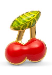 Gold-edged enamel pin shaped like two red cherries with a green leaf on white background.