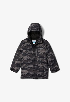Giacca isolante con cappuccio, modello mimetico nero e grigio, tasca con cerniera sul petto e logo Columbia sul davanti.
