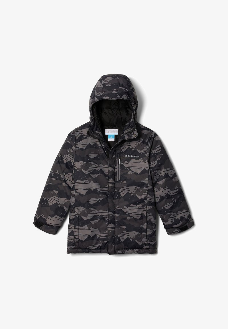 Veste isolante à motif camouflage noir et gris avec capuche, poche poitrine zippée et logo Columbia sur le devant.