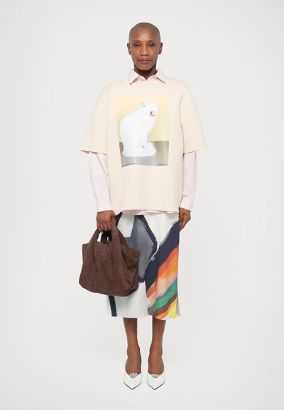 Heled roosa suure suurusega t-särk, millel on kassigraafika, kihiline värvilise mustriga seeliku üle. Pruunast seemsist kott ja valged terava ninaga kingad.