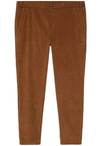 Brązowe spodnie sztruksowe o wąskim kroju, z zapięciem na guziki i bocznymi kieszeniami. Miękka faktura z delikatnym prążkowanym wzorem na całej powierzchni.