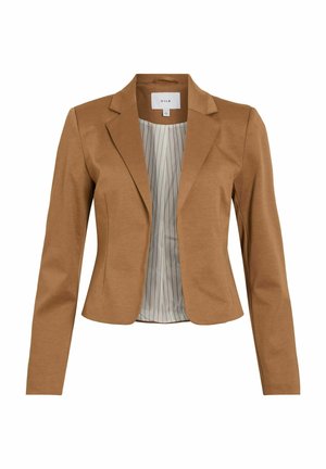 Rjava prilegajoča blazer jakna z dolgimi rokavi, z zareznimi klapnicami in podloženjem s črtastim vzorcem. Izdelana iz gladkega, raztegljivega materiala za udobje.