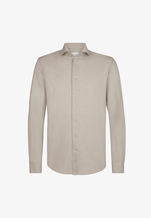 Hellbeige Langarmhemd, mit Knopfleiste vorne, klassischem Kragen, glatter Textur und geradem Saum. Es hat eine Standardpassform und weichen Stoff.