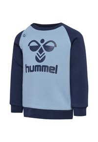 Niebieska i granatowa bluza z długimi rękawami raglanowymi, z dużym czarnym logo i napisem z przodu. Wykonana z miękkiej mieszanki bawełny.