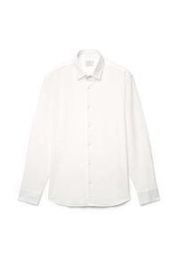 Chemise blanche à manches longues en tissu léger. Elle présente un col classique, une fermeture à boutons sur le devant, des poignets boutonnés et un ourlet arrondi.