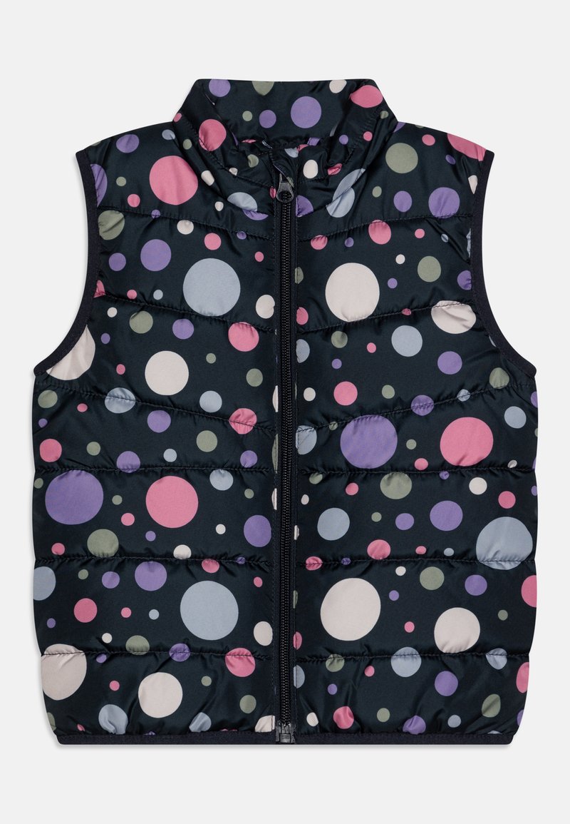 Chaleco acolchado con un cuello alto, con un fondo azul marino y patrones circulares multicolor en rosa, verde y azul. Cierre frontal con cremallera.