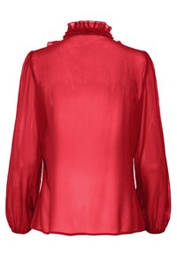 Rote durchsichtige Bluse mit langen Puffärmeln, elastischen Bündchen und einem hochgeschlossenen, gerafften Kragen, von hinten gezeigt.