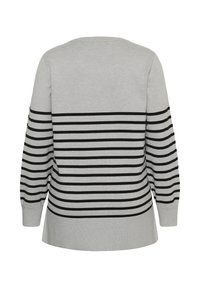 Pull gris clair à manches longues avec des rayures horizontales noires dans le dos et sur les manches, poignets ajustés, et un ourlet droit.