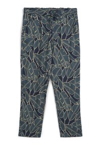 Pantaloni blu navy con un motivo di foglie in beige chiaro e teal. Realizzati in tessuto leggero con una cintura regolabile per una vestibilità comoda.