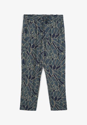 Pantaloni blu navy con un motivo di foglie in beige chiaro e teal. Realizzati in tessuto leggero con una cintura regolabile per una vestibilità comoda.