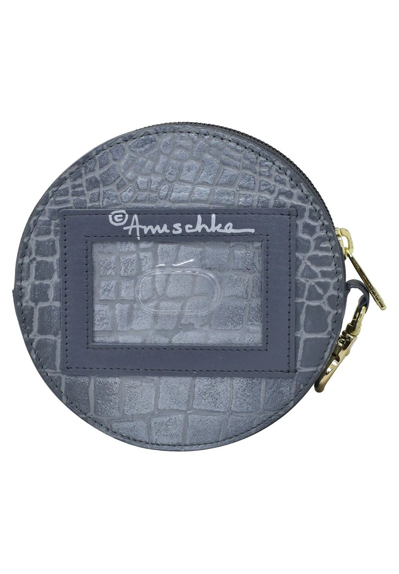 Ronde grijze leren muntenportemonnee met krokodillenpatroon, voorzien van een gladgrijze accenten patch en gouden ritssluiting.