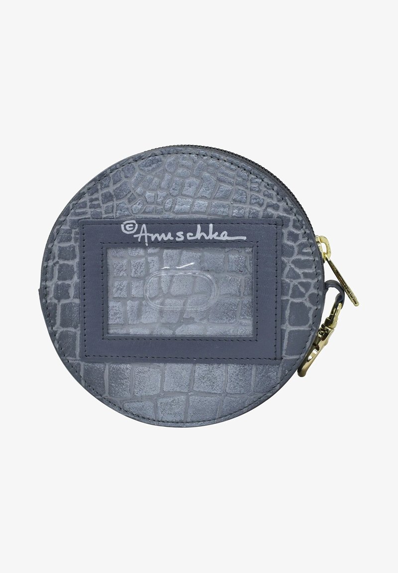 Ronde grijze leren muntenportemonnee met krokodillenpatroon, voorzien van een gladgrijze accenten patch en gouden ritssluiting.