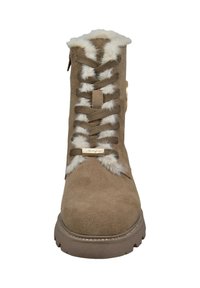 Tanfarbene Wildlederstiefel mit Kunstfellbesatz, Schnürdesign und dekorativen Beschlägen. Gerillte Gummisohle und gepolsterter Schaft für zusätzlichen Komfort.