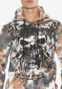 Kapuzensweatshirt in Batikfarben Grau, Braun und Weiß. Mit großem Totenschädel-Graphic, Ketten und dem Text "Dead End" in Schwarz.