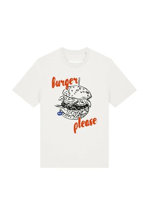 White t-shirt with a black sketch of a hamburger and the words "burger please" in orange text above and below the burger.