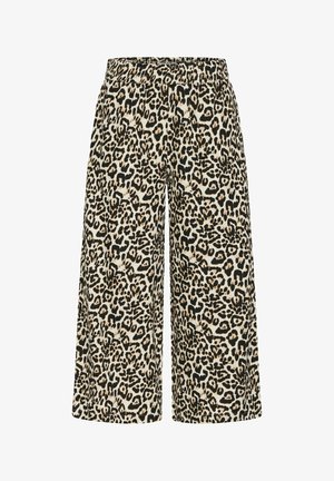 Leopardenmuster weit geschnittene Hose mit elastischem Bund, im Farbton von Beige, Creme und Schwarz. Hergestellt aus einem weichen, leichten Stoff.