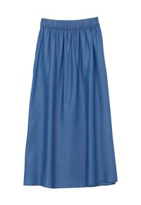 Jupe en denim bleu clair, avec une taille élastique et une forme évasée. Texture lisse avec une longueur jusqu'aux genoux.