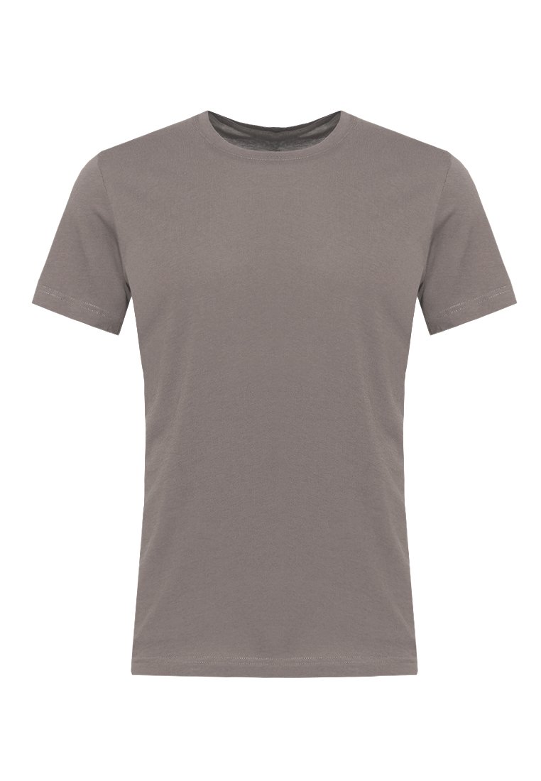 T-shirt in cotone grigio con collo rotondo classico, maniche corte e una texture liscia. Design semplice, senza motivi o accenti visibili.