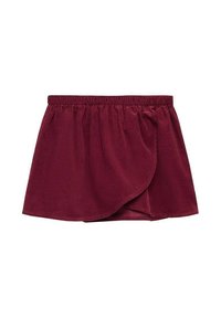 Burgundy-hame, jossa on joustava vyötärö ja kietaisusuunnittelu. Pehmeä kangas, jossa on sileä pinta, ja sivuilla on hienovaraista laskostusta.