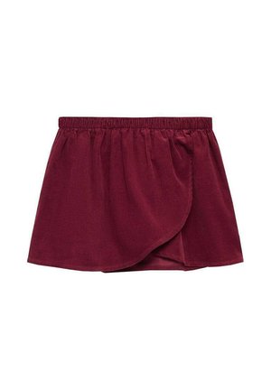 Jupe bourgogne avec une taille élastique et un design croisé. Tissu doux au toucher lisse, avec un drapé subtil sur les côtés.