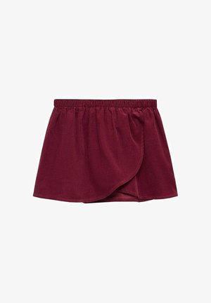 Bordeaux rok met een elastische tailleband en een wikkelontwerp. Zachte stof met een gladde textuur, met subtiele plooien aan de zijkanten.