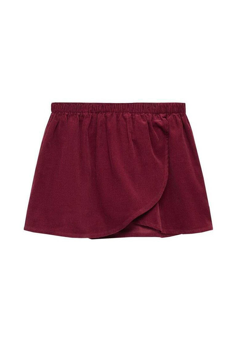 Burgundy-hame, jossa on joustava vyötärö ja kietaisusuunnittelu. Pehmeä kangas, jossa on sileä pinta, ja sivuilla on hienovaraista laskostusta.