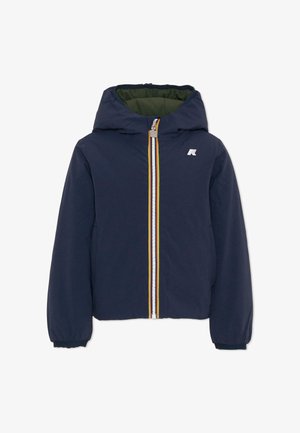 Giacca blu navy con cappuccio, zip frontale dettagliata in bianco e giallo, polsini elastici e piccolo logo bianco sul petto.
