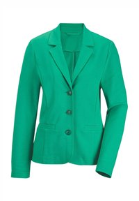 Grüne Blazer aus glattem Stoff, mit Reverskragen, vier Vorderknöpfen, zwei Taschen und langen Ärmeln.