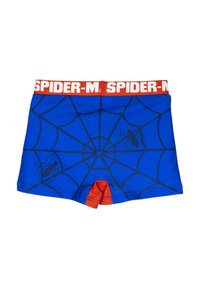 Blauwe zwemshorts met zwart spinnenwebpatroon, een rode tailleband met "SPIDER-M" en twee spinaccenten aan de zijkant.