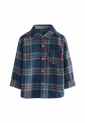 Langarmig overhemd voor kinderen met een ruitpatroon in marineblauw, rood, groen en geel, voorzien van een borstzak en een kraag.