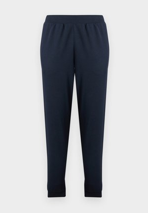 Navy jogger pants made from soft cotton blend fabric, featuring an elastic waistband and tapered cuffs at the ankles.