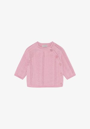 Suéter de punto rosa claro con un patrón texturizado, cuello redondo, mangas tres cuartos y detalles decorativos de botones en el costado.