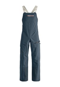 Navy blue overalls made of durable fabric, featuring adjustable straps, multiple pockets, and a zippered side pocket for storage.