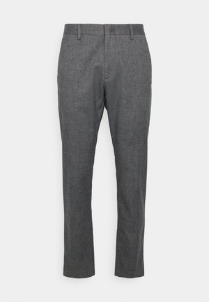 Pantalons gris ajustés en tissu texturé. Comprend des poches avant et un design à plat avec une coupe droite.